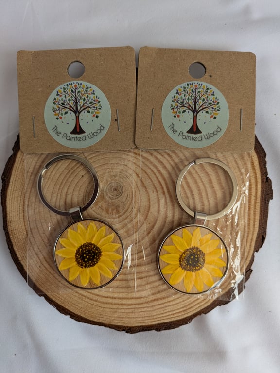 Hand Painted Bamboo & Metal Keyring, Sunflower