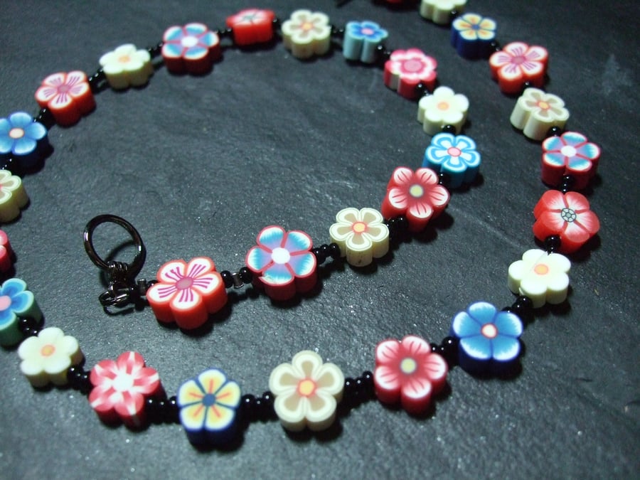 Royal Jubilee OOAK Kitsch Floral Necklace Red White & Blue
