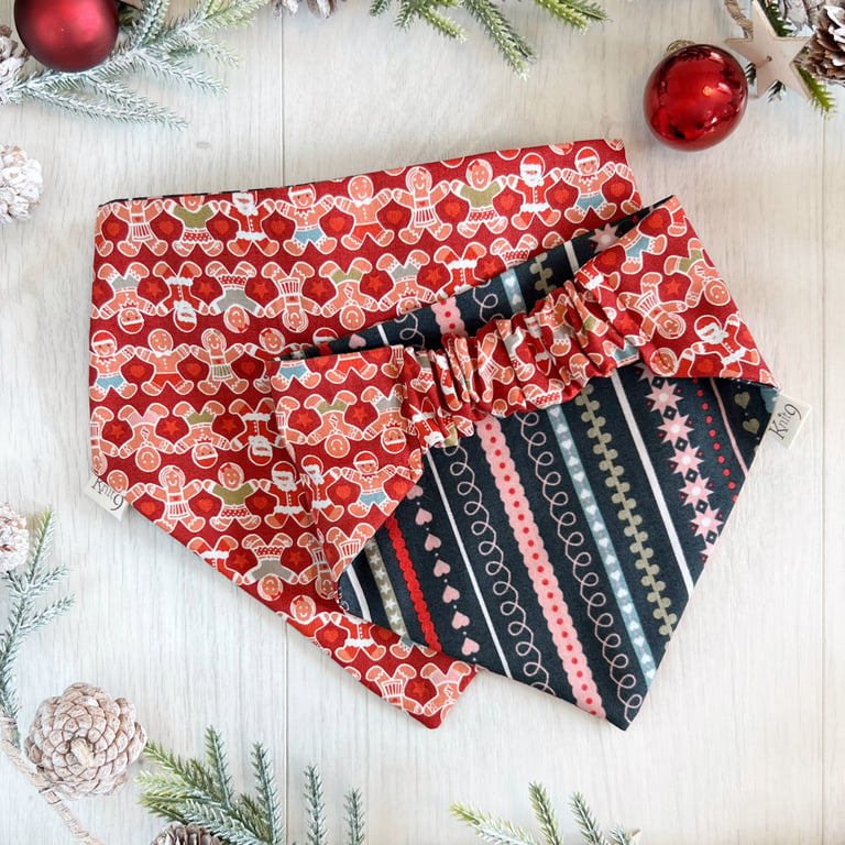 Christmas Dog Bandana Scrunchie Back Fully Reversible Gingerbread Men & Stripes