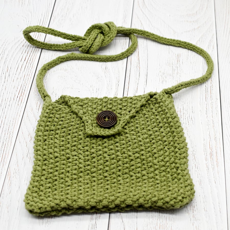 SOLD - Hand knitted cross body bag in khaki green