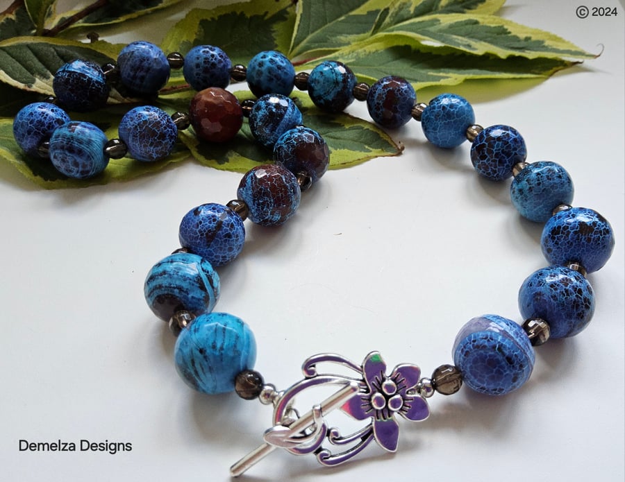 Blue Agate & Smokey Quartz Silver Plated Necklace. ONE OFF