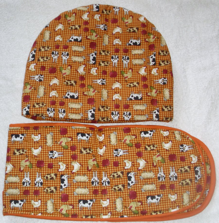 Tossed farm Animals Tea cosy and ovengloves