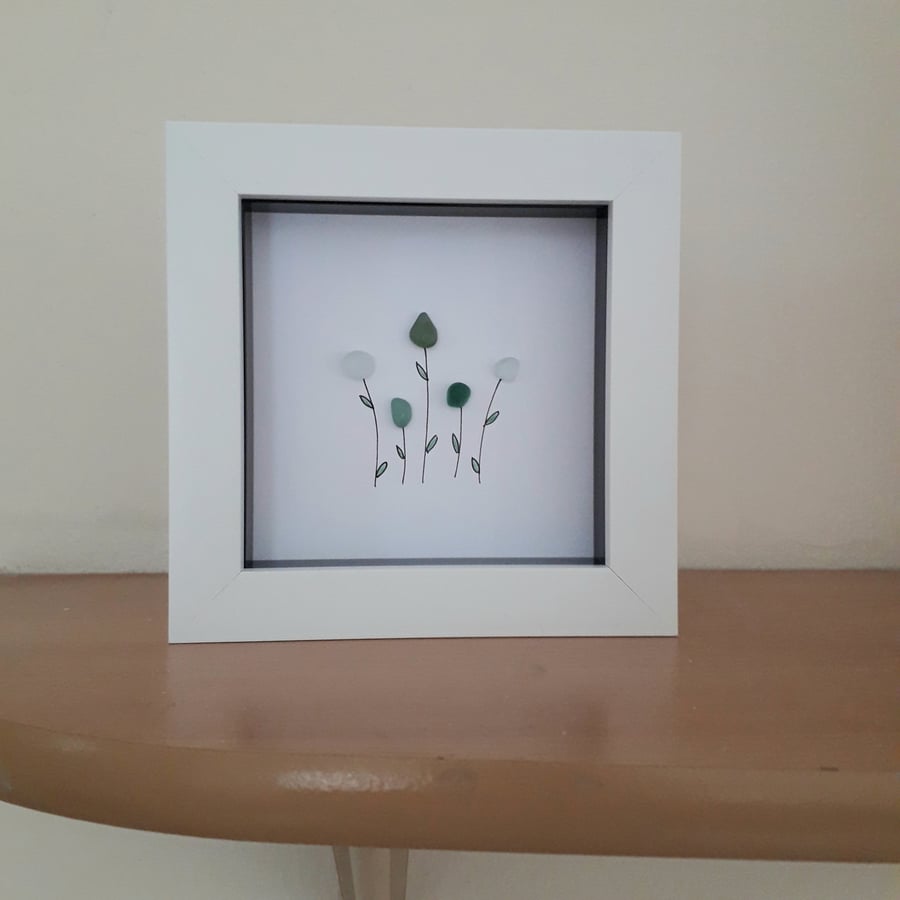 Sea Glass Flower Art, Coastal Colours, Framed