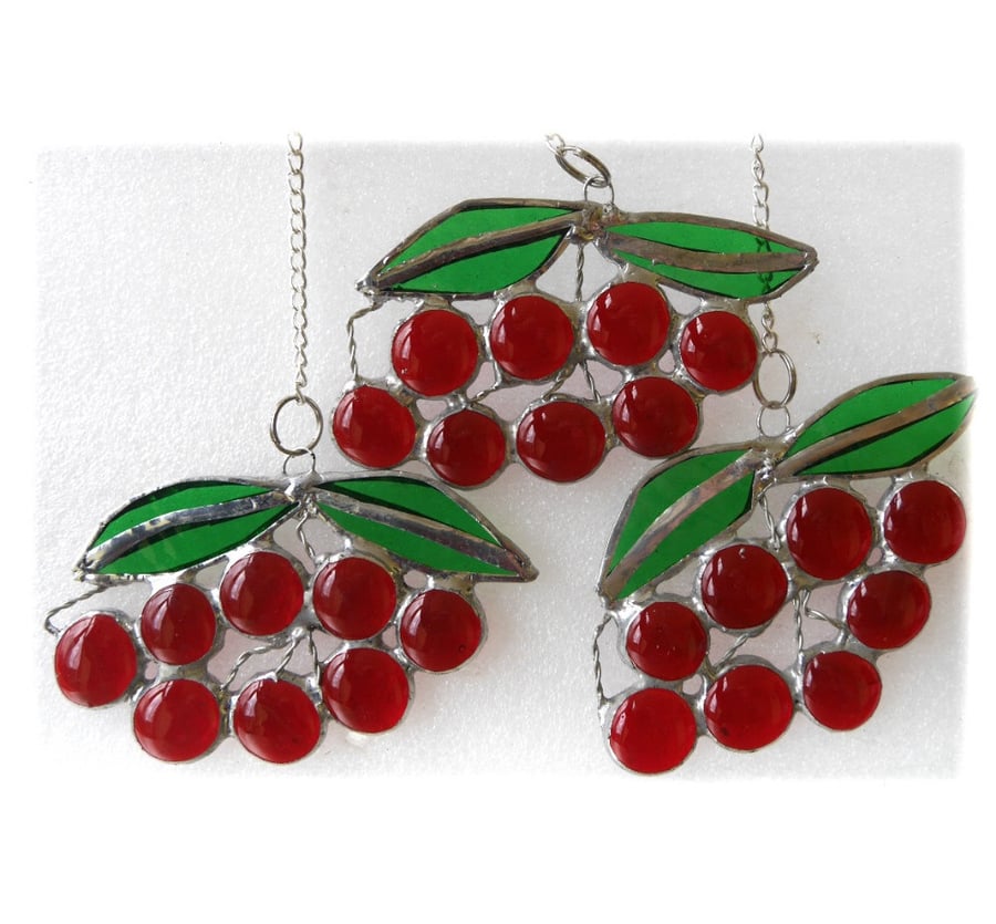 SOLD Cherry Suncatcher Stained Glass Bunch of Red Cherries