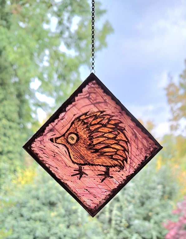 GLASS HEDGEHOG SUNCATCHER WALL HANGING. HAND PAINTED HEDGEHOG. 5 x 5 inches.