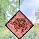 GLASS HEDGEHOG SUNCATCHER WALL HANGING. HAND PAINTED HEDGEHOG. 5 x 5 inches.