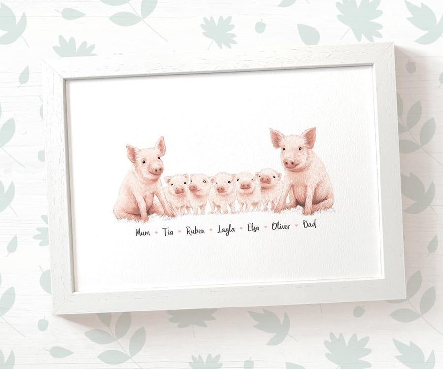 Personalised pig family print with names - mothers day or birthday gift