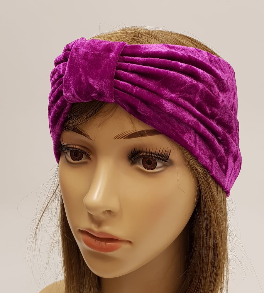 Velvet  top knot turban headband, wide hot pink workout headband