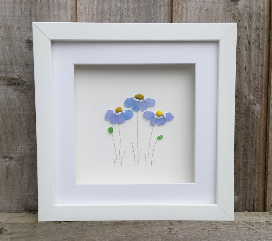Forget Me Nots, Sea Glass Flowers, Gift for her, Framed Floral Wall Art