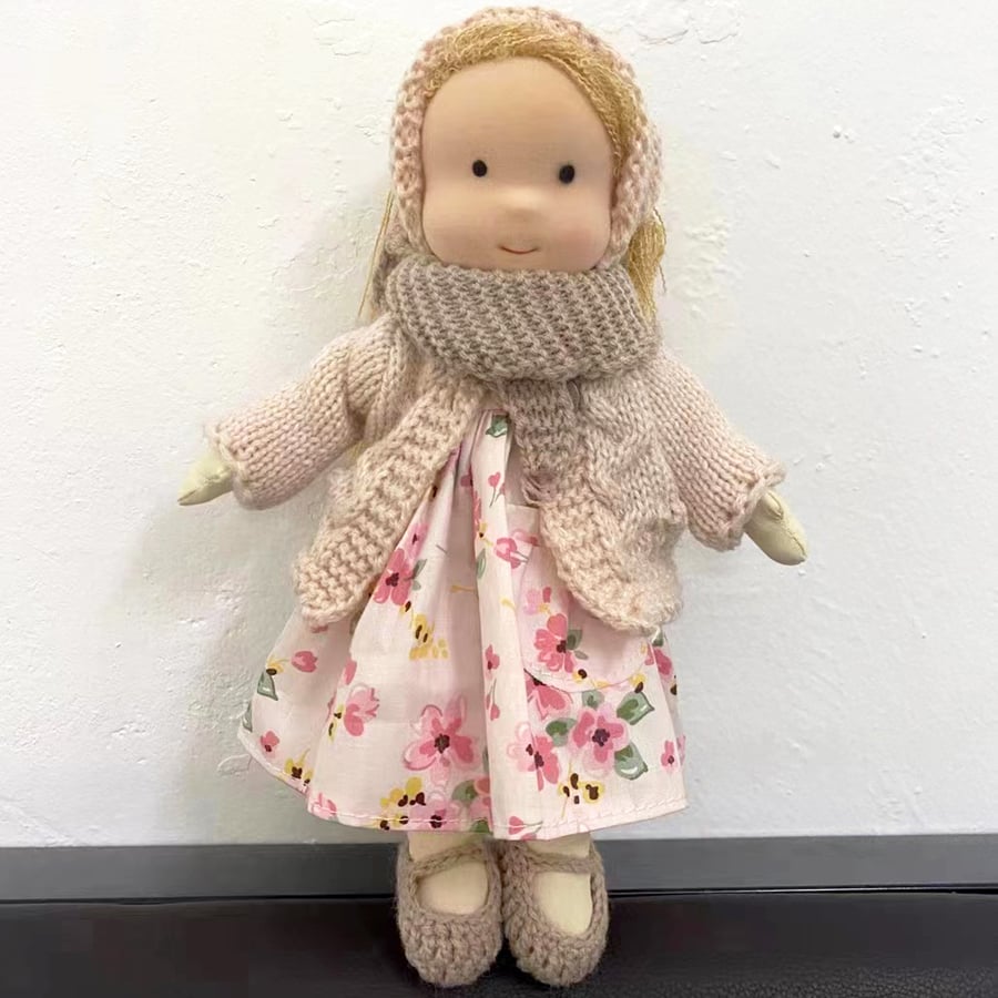 Kacey - Handmade Rag Girl Doll in Pink Dress and Pink Coat with Scarf & Hairband