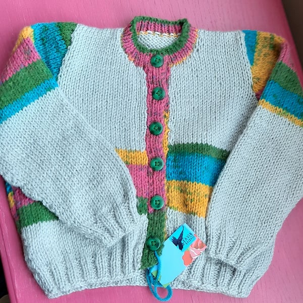 Silver grey and striped hand-knitted Toddler cardigan and hat 