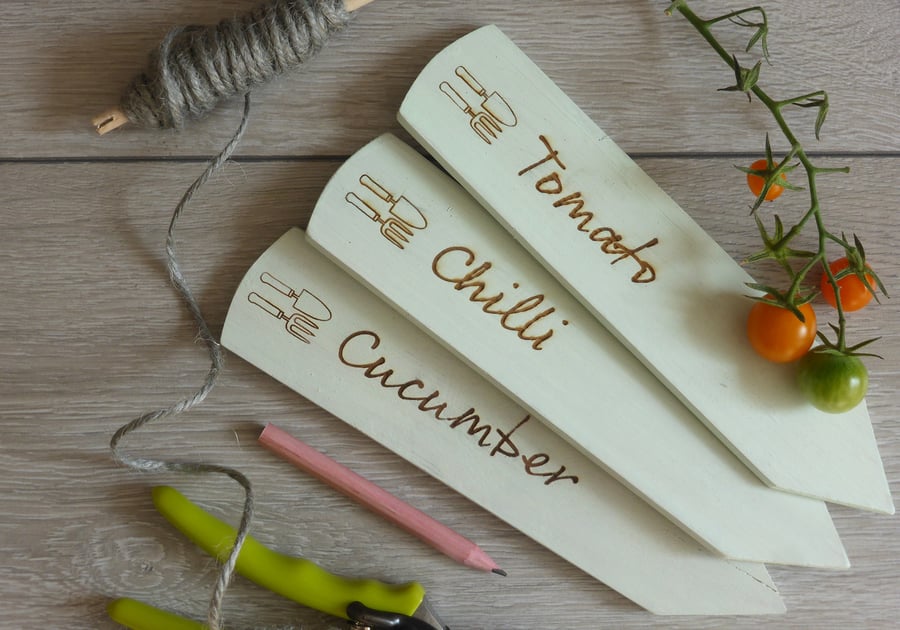Wooden vegetable and herb plant markers in pale green, pack of three