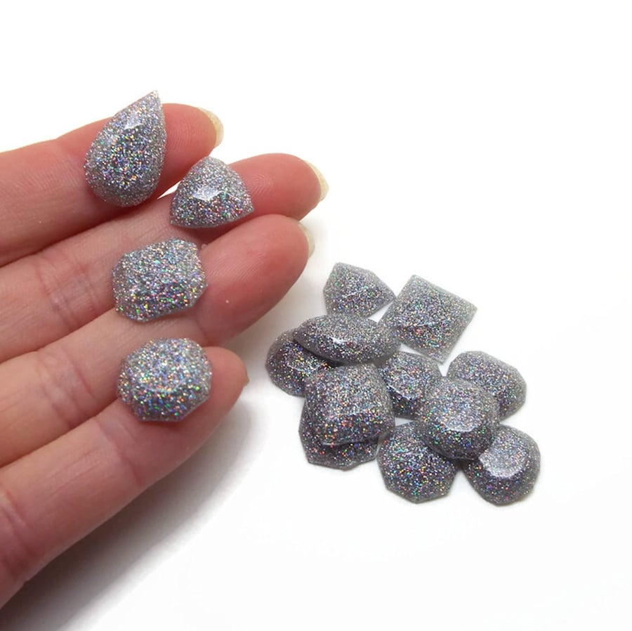 Silver Holographic Glitter Cabochons, 15 Mini Flatback Glitter Gems