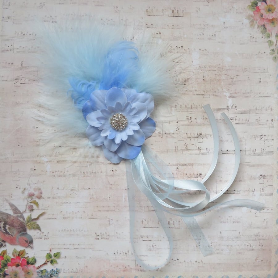 Pale Blue Fluff Feather Flower and Ribbon Trails Clip in Hair Headpiece ...