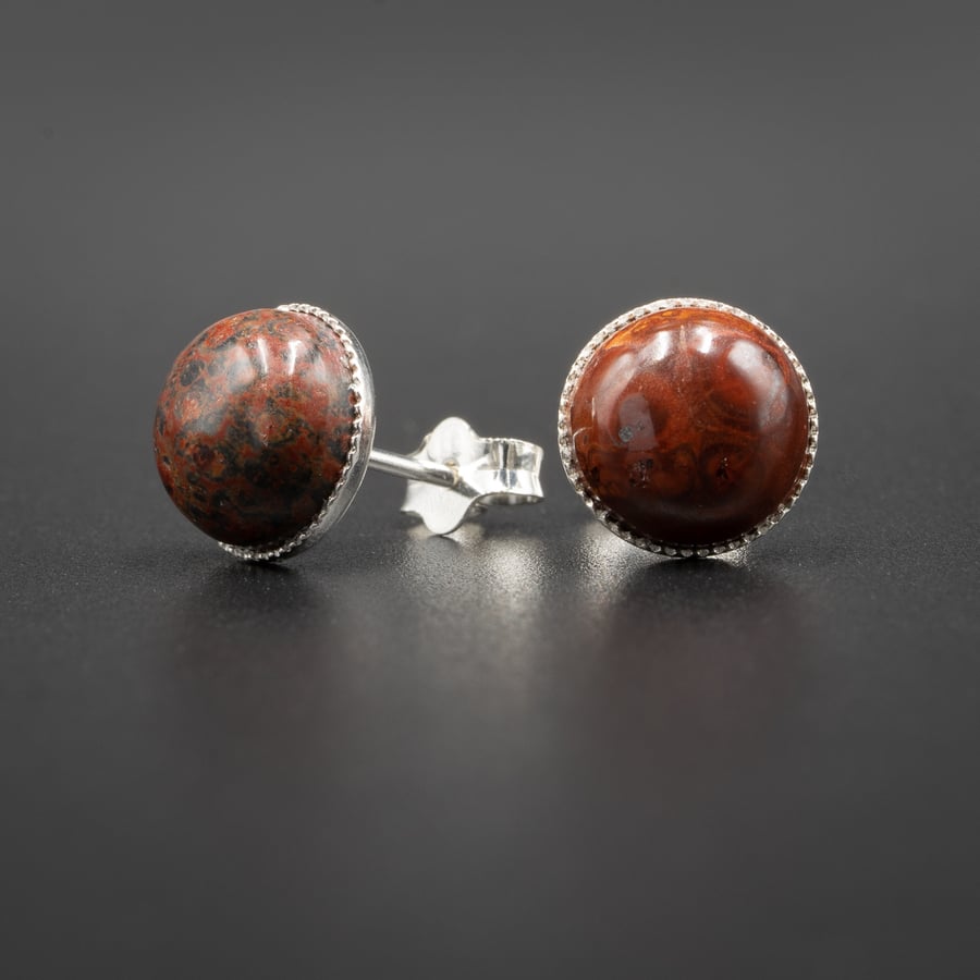 Brecciated Red jasper sterling silver stud earrings,  Pisces, Aries jewellery