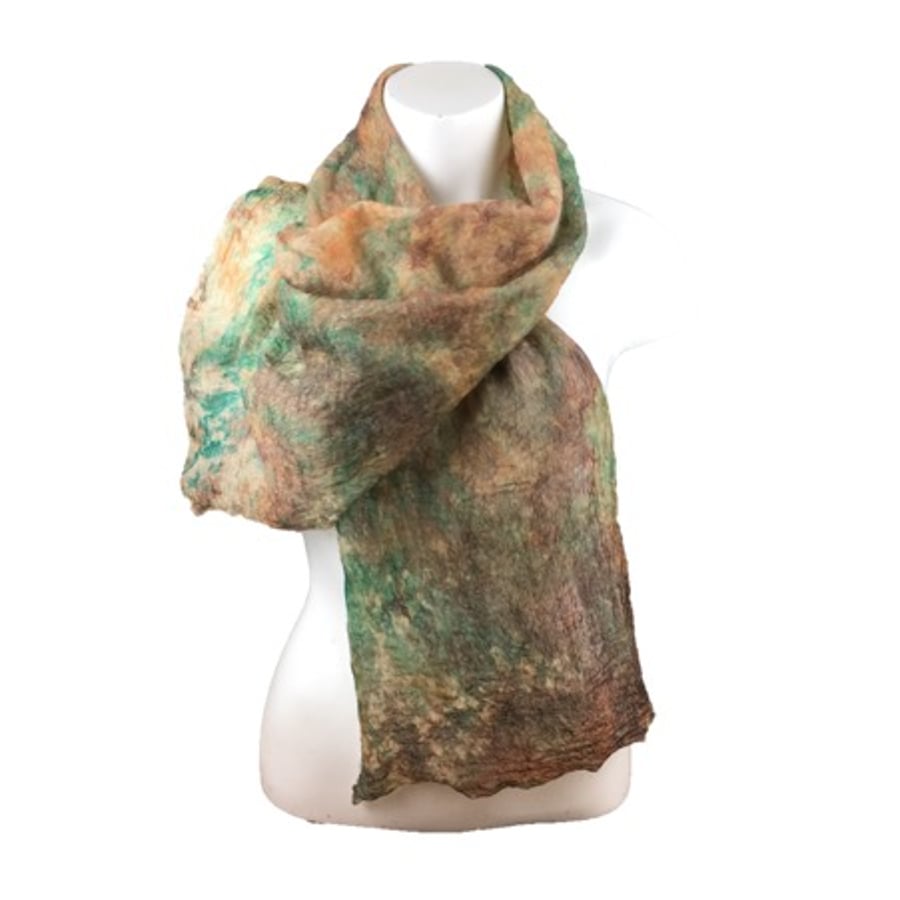 Silk and wool nuno felted scarf in brown, orange and green