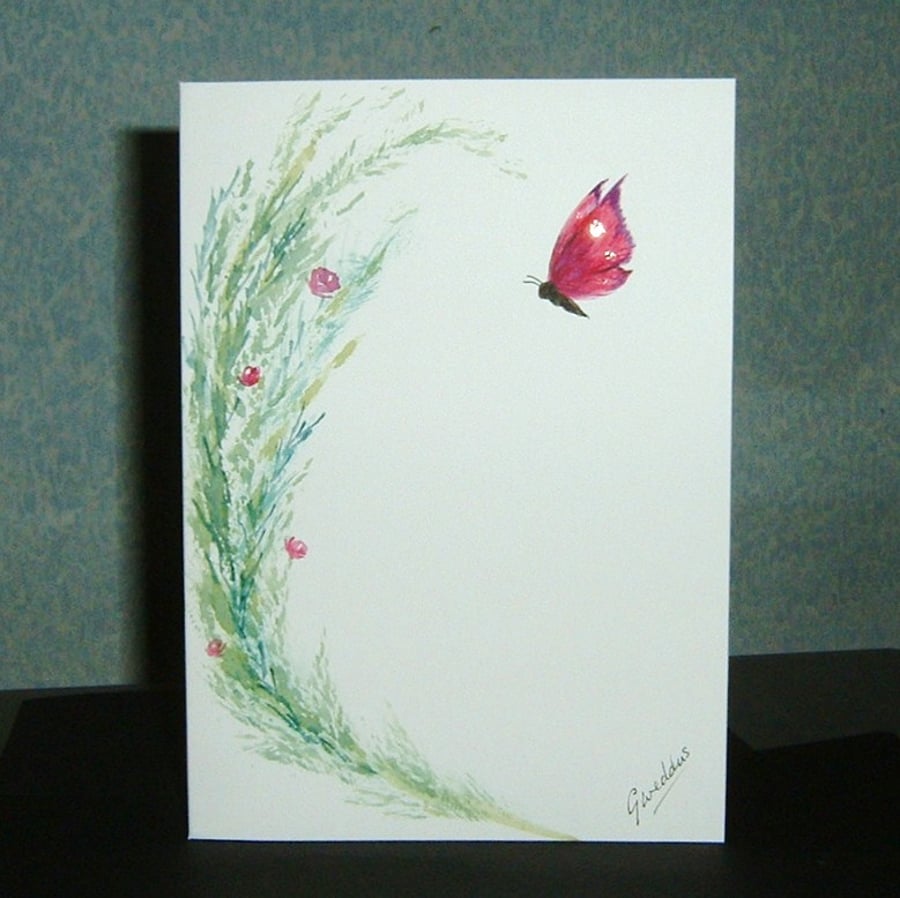 hand painted original floral butterfly greetings card 7x5"