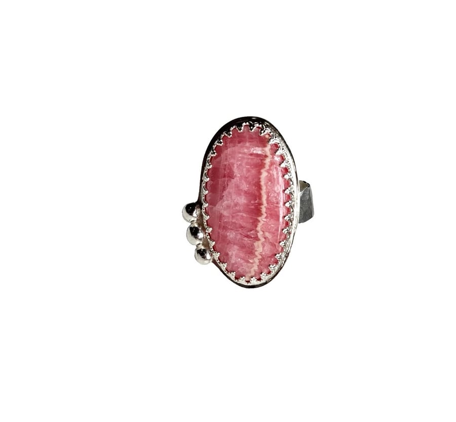 Rhodochrosite Adjustable Ring Sterling Silver Pink Gemstone Oval Jewellery Gift