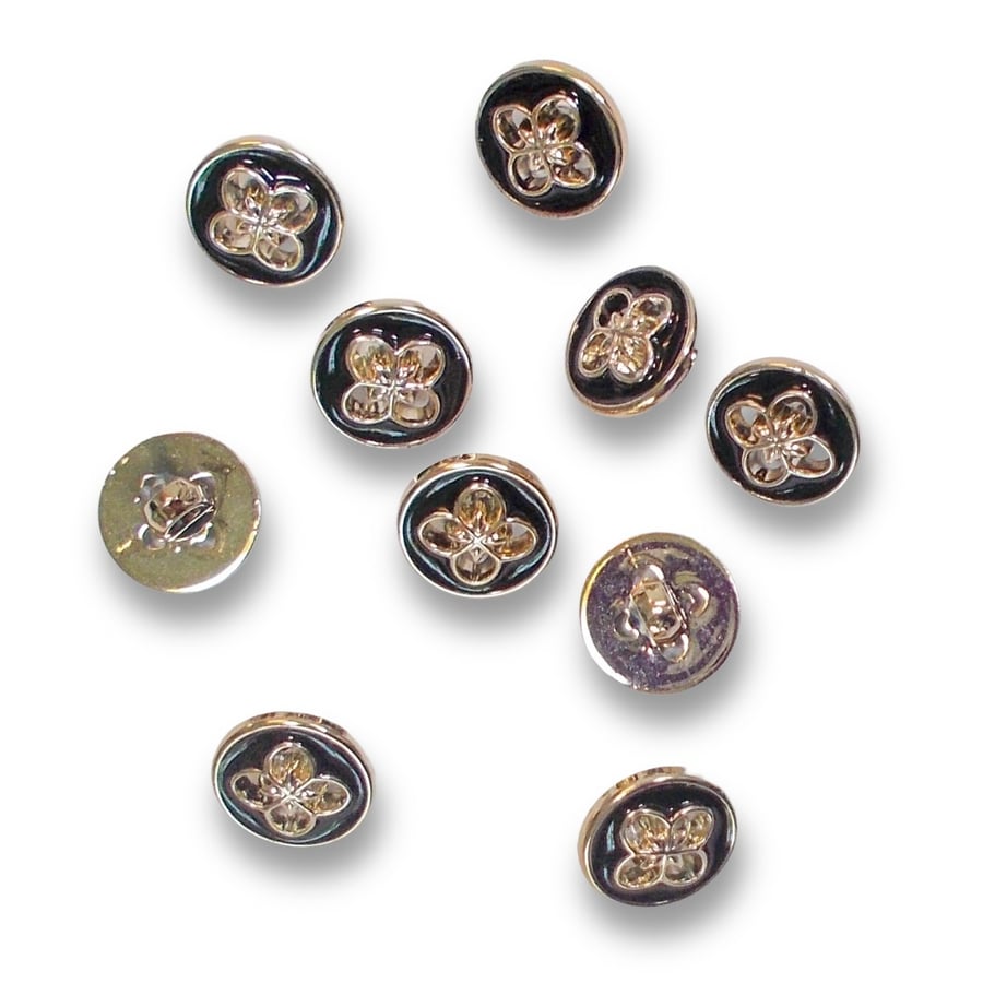 Gold and black faux metal flower shank buttons 15mm approximately. Pack of 10