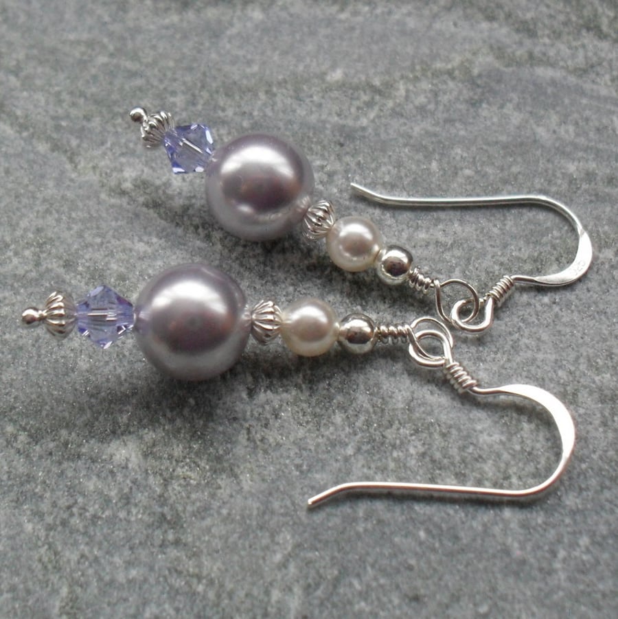 Lavender Pearls and Crystal Sterling Silver Earrings With Swarovski Elements 