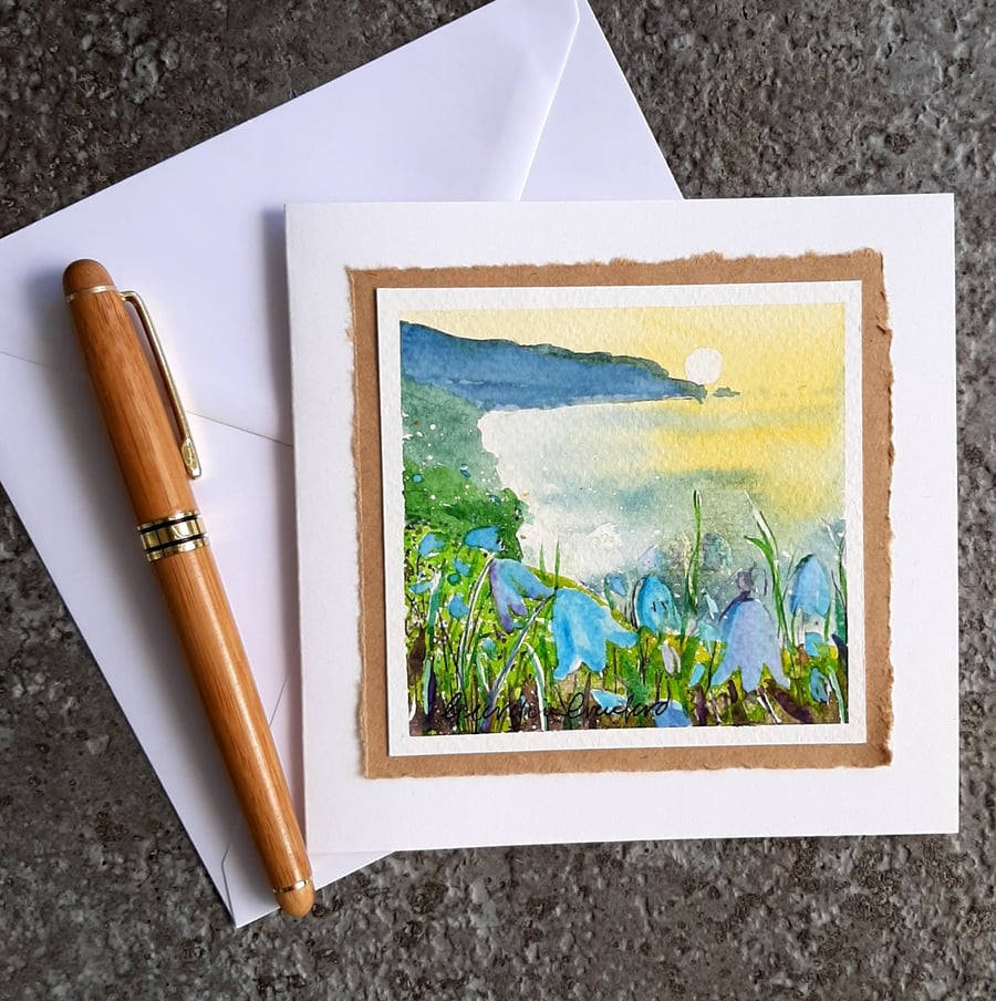 Harebells On The Cliffs. Handpainted Blank Greetings Card. Scottish Flowers
