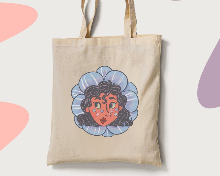 Blue flower tote bag, Wild flower tote bag, Cute flower tote, Illustrated tote 