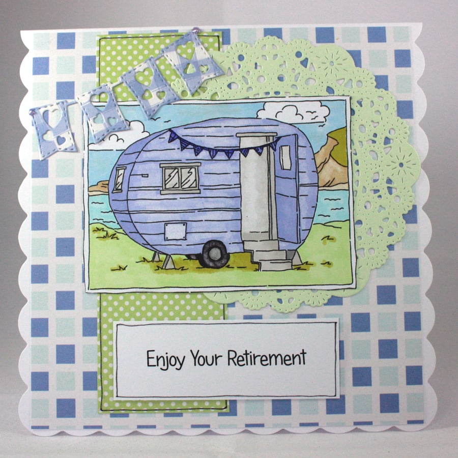 Handmade retirement card - off in the caravan