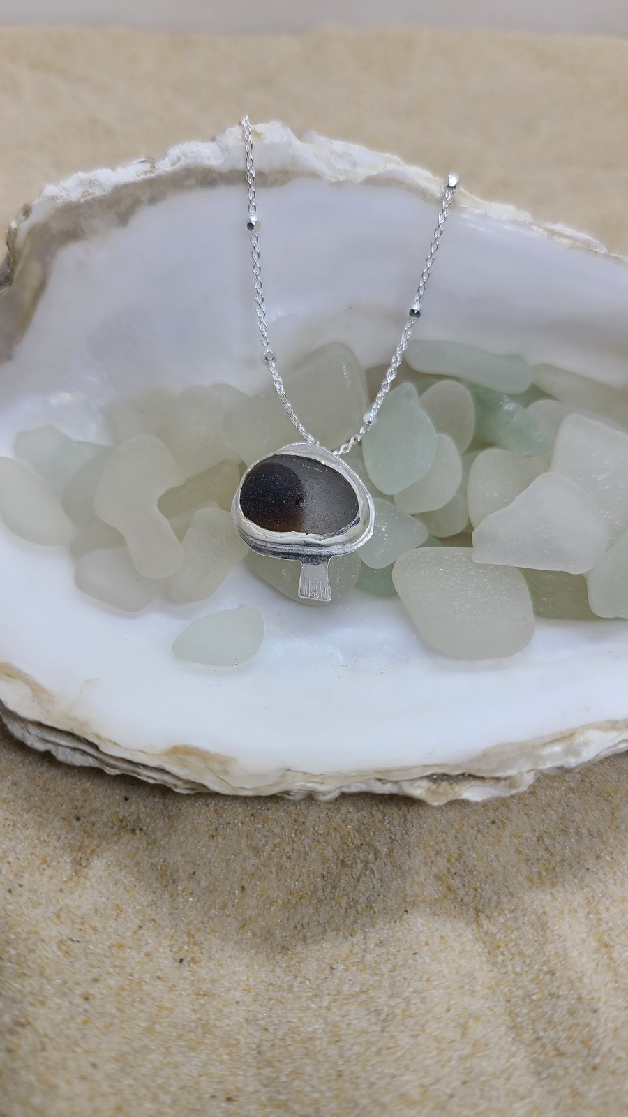 Brown and white sea glass mushroom silver pendant P3
