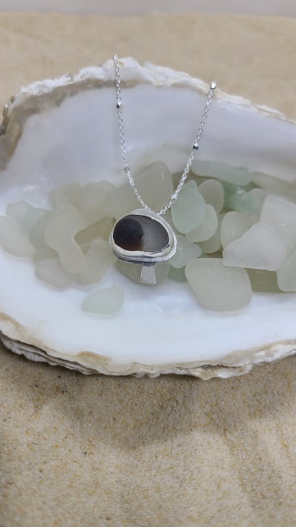 Brown and white sea glass mushroom silver pendant P3