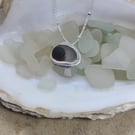 Brown and white sea glass mushroom silver pendant P3