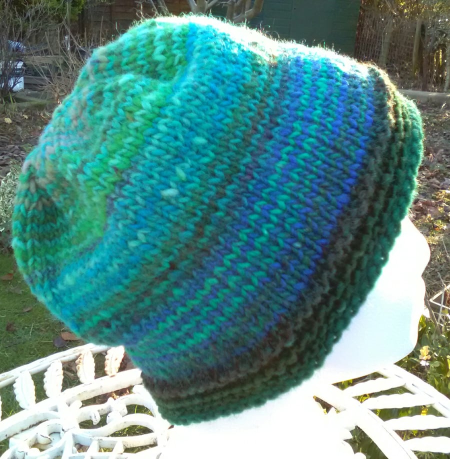 Handknit NORO Beanie Hat 100% Wool Stripey Sea Green Turquoise MEDIUM