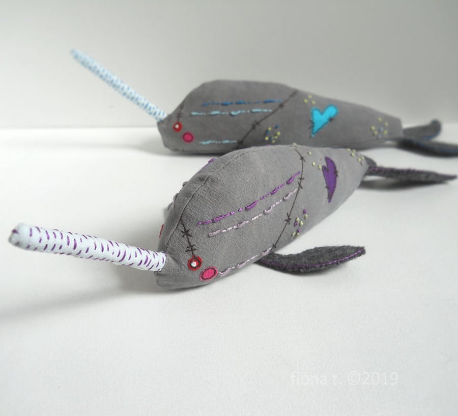 applique, free motion, hand embroidered zombie narwhal