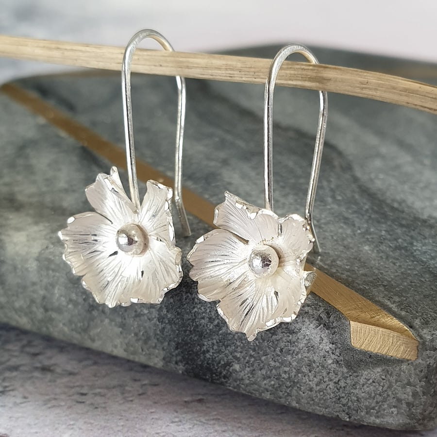 Silver Flower Earrings - Handmade Floral Sterling Silver Drop Earrings