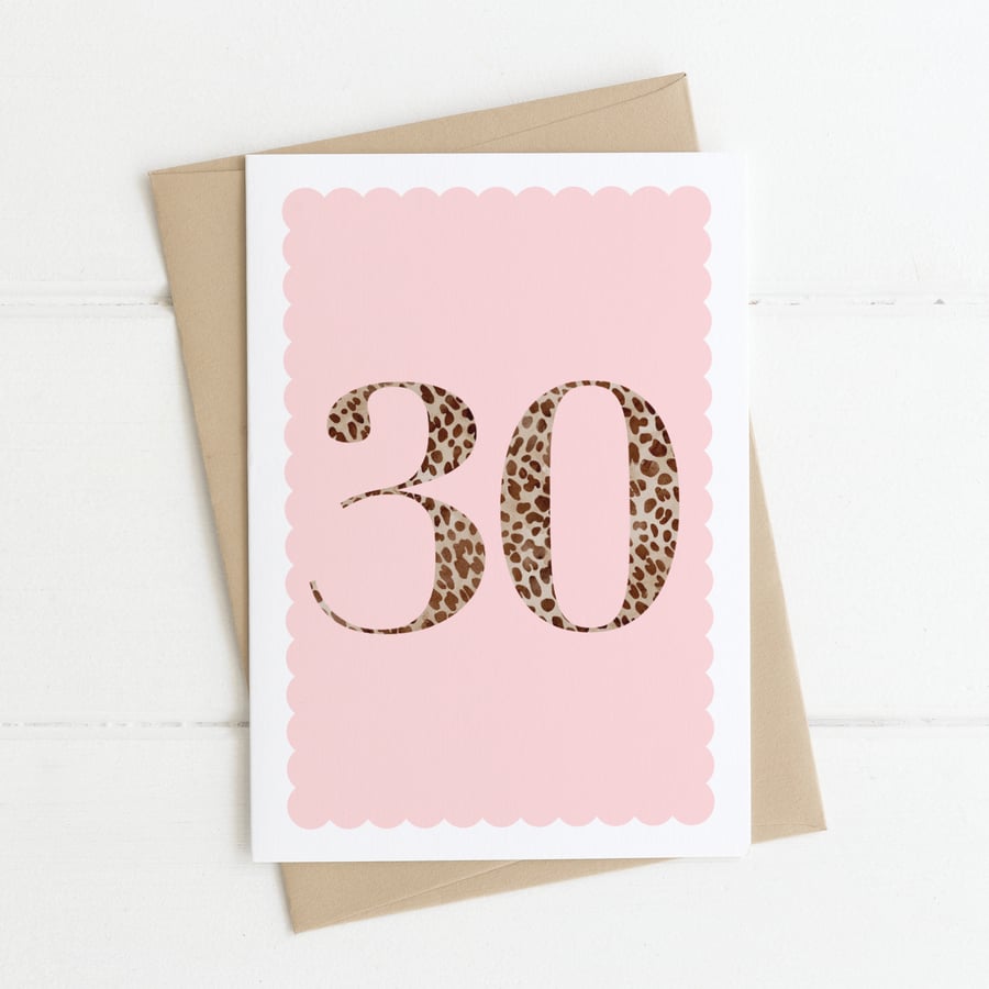 Animal print 30th birthday card on blush pink scalloped background