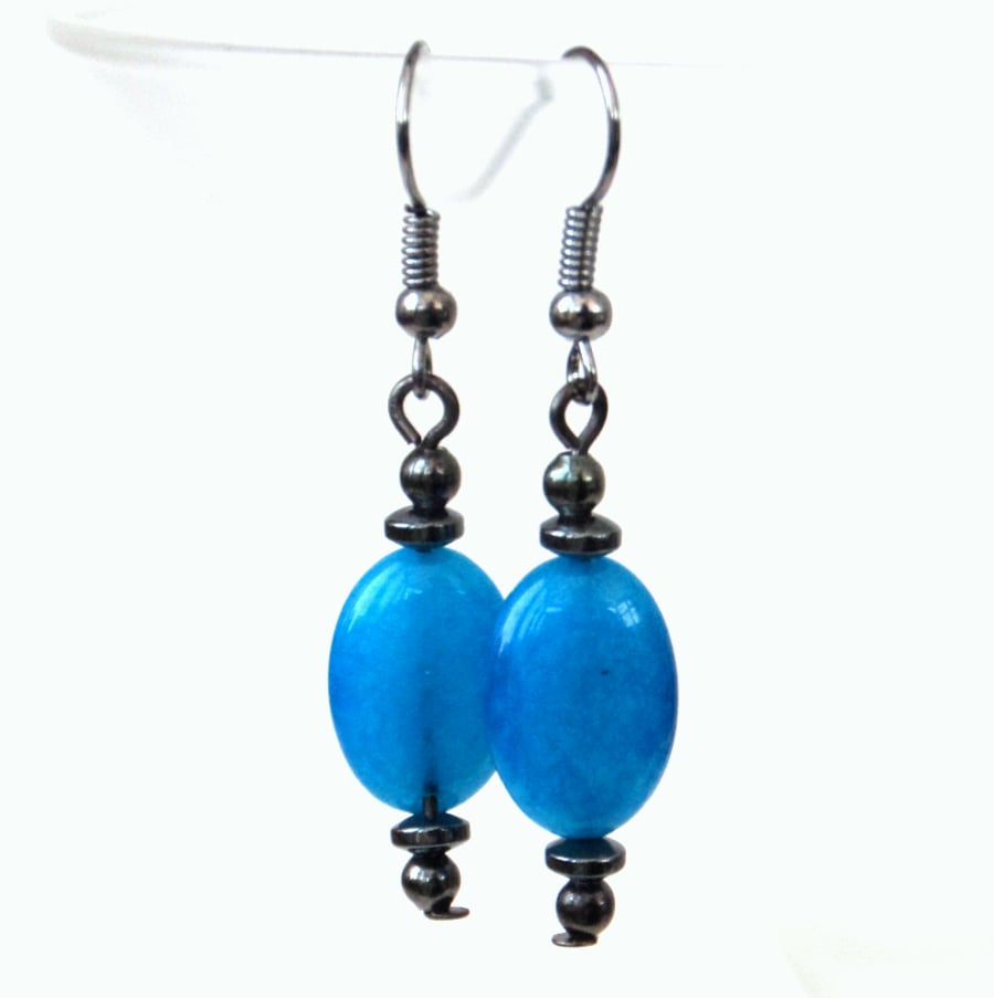 Cyan blue quartz and hematite earrings