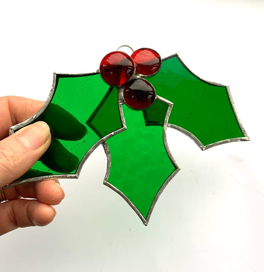 Stained Glass Holly and Berry Suncatcher - Handmade Window Decoration 