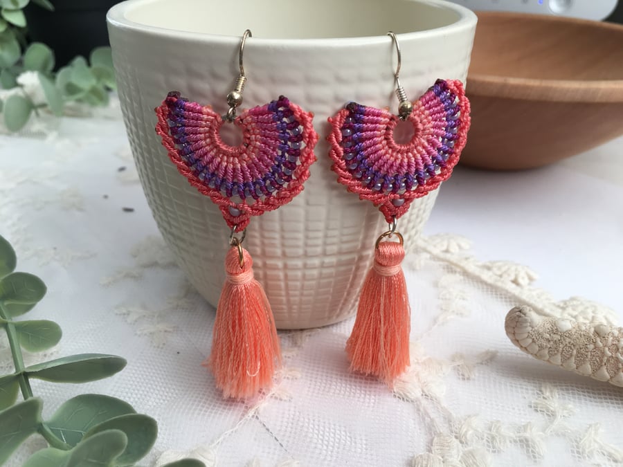 Earrings,  Tassel macrame beaded earrings, boho girl, hippy chic