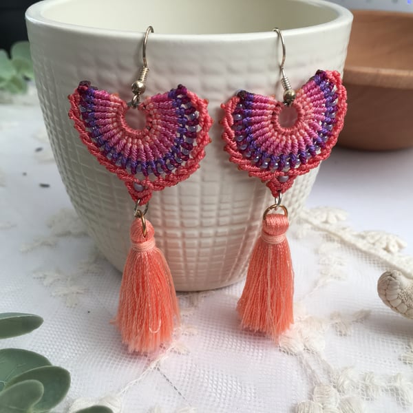 Earrings,  Tassel macrame beaded earrings, boho girl, hippy chic