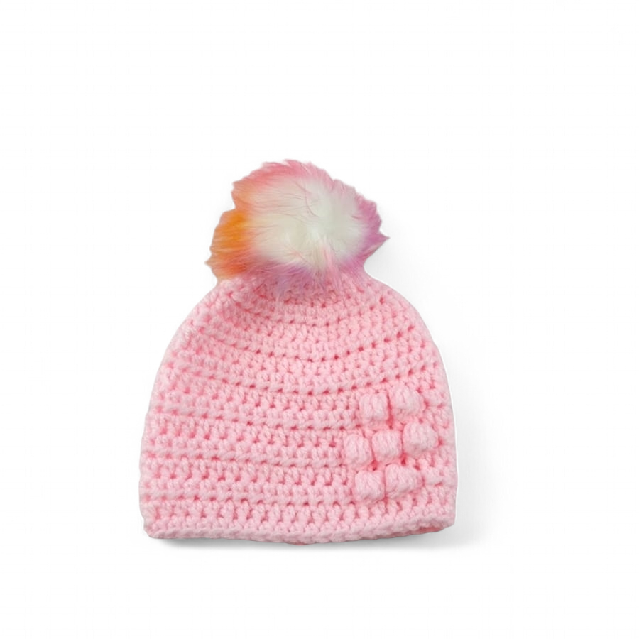 Pink baby crocheted hat white faux fur pompom with orange purple & pink 