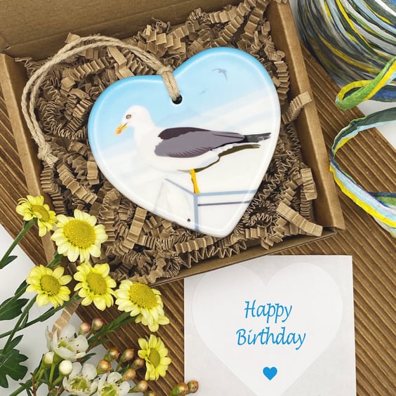 Seagull Ceramic Heart – Seaside Decoration, Customisable Message