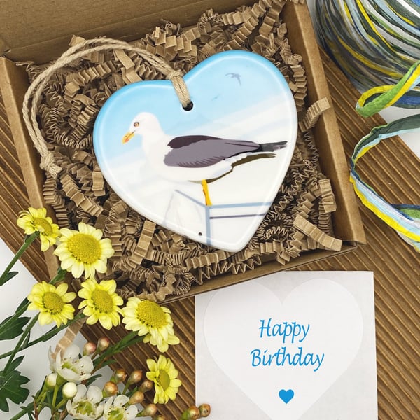 Seagull Ceramic Heart – Seaside Decoration, Customisable Message