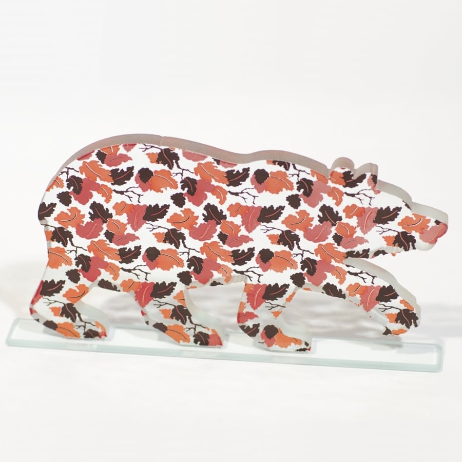 Glass Bear Sculpture with Autumn Leaves 