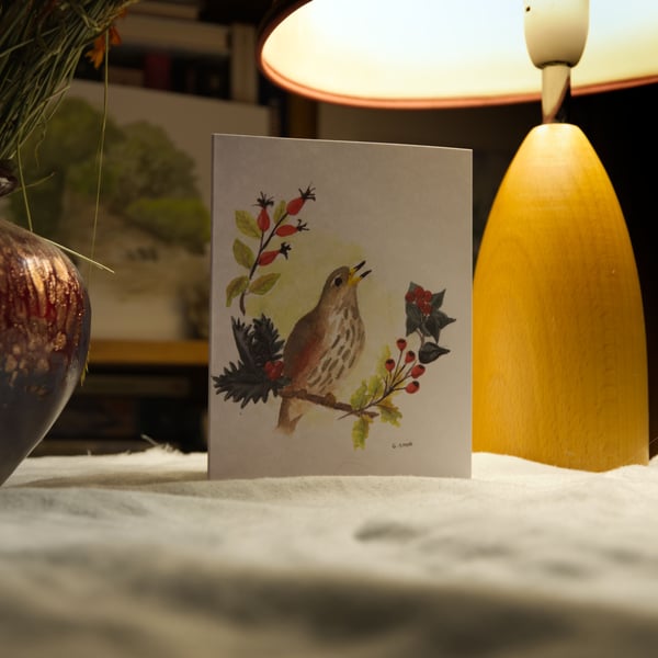'Redwing in The Hedge' Christmas card