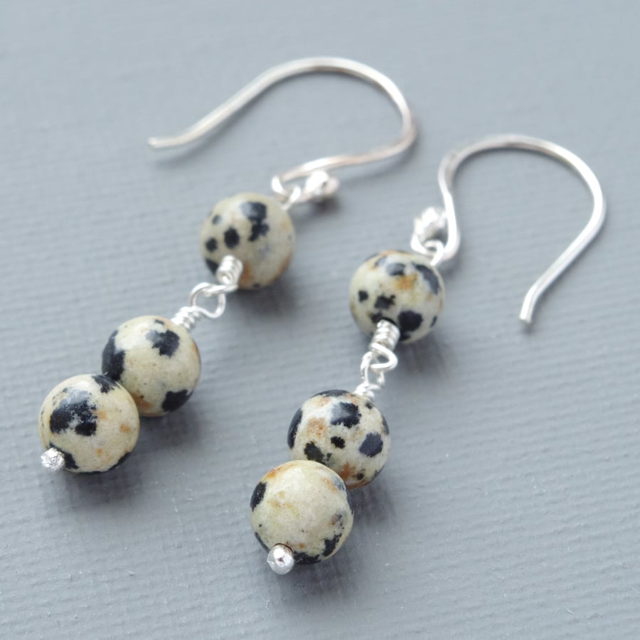 Dalmatian Jasper Semi Precious Gemstone Sterling Silver Beaded Drop Earrings
