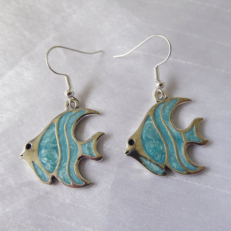 Aqua-Blue Enamelled Angel Fish Earrings 