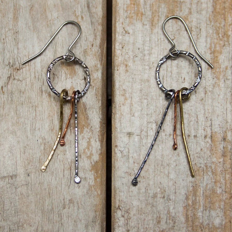 Recycled Sterling Silver, Copper and Brass Dangle Earrings
