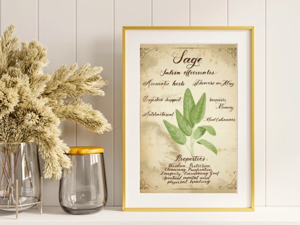 Sage Herb Print, Green Witch Wall Art, Kitchen Witch Decor