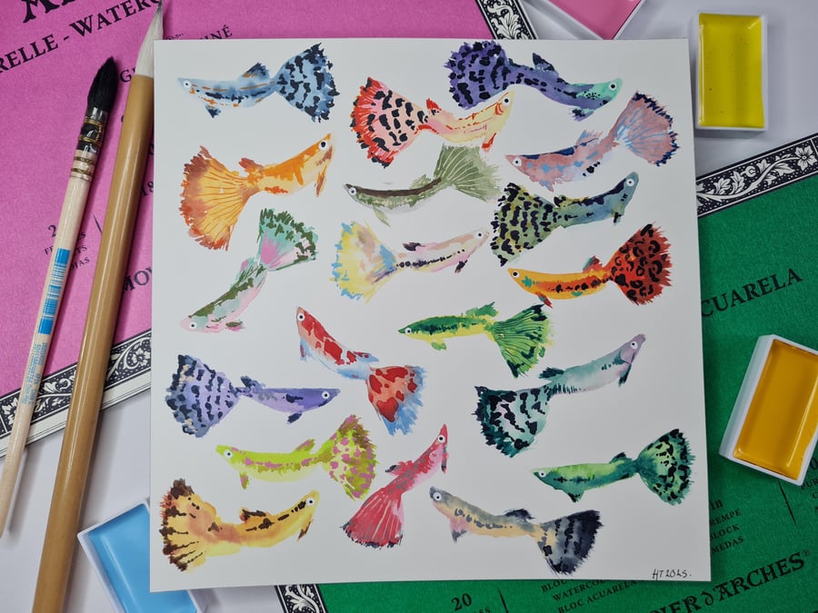 Original Watercolour hand painted vibrant, colourful guppy fish art