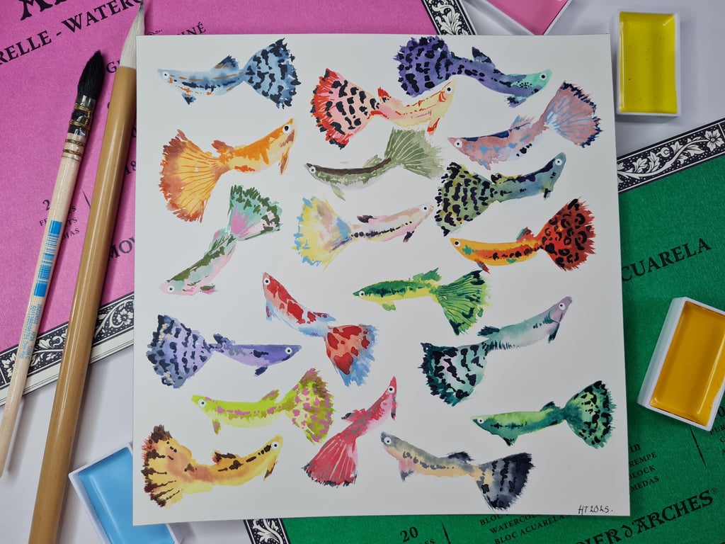 Original Watercolour hand painted vibrant, colourful guppy fish art