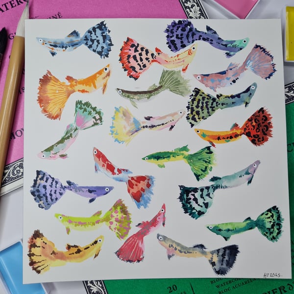 Original Watercolour hand painted vibrant, colourful guppy fish art